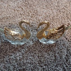 Antique..Vintage cryst and gold toned salt bowls and spoons..shappef like a swan